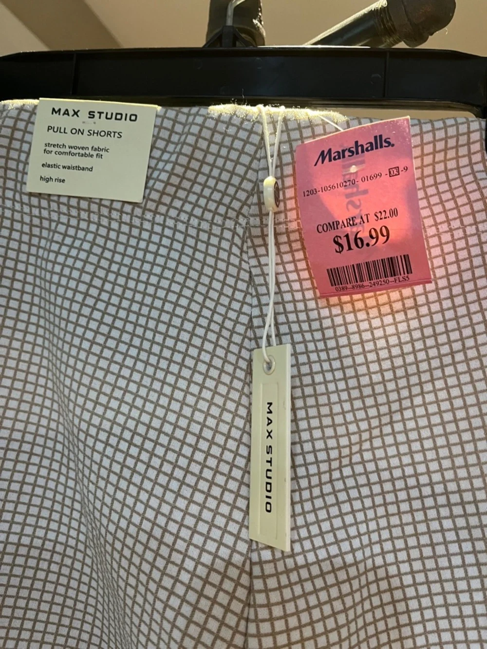 Max Studio Cream and Brown Grid High-Rise Shorts - Picture 3 of 4